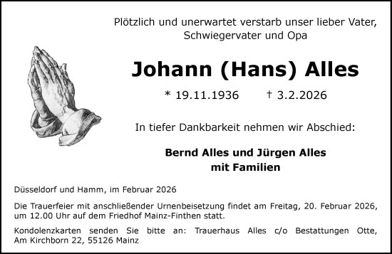Traueranzeige von Johann Alles von Allgemeine Zeitung Mainz