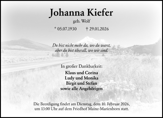Traueranzeige von Johanna Kiefer von Allgemeine Zeitung Mainz