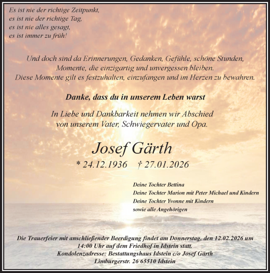 Traueranzeige von Josef Gärth von Idsteiner Land/Untertaunus
