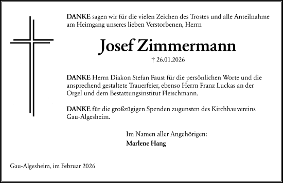 Traueranzeige von Josef Zimmermann von Allgemeine Zeitung Rheinhessen-Nahe