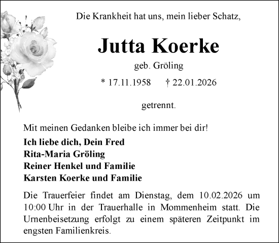 Traueranzeige von Jutta Koerke von Allgemeine Zeitung Mainz