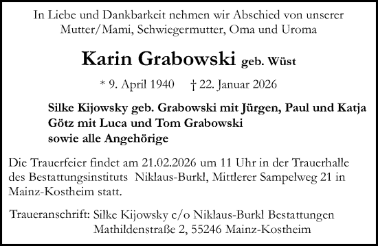 Traueranzeige von Karin Grabowski von Wiesbadener Kurier