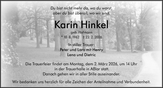 Traueranzeige von Karin Hinkel von Wetzlarer Neue Zeitung