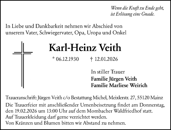 Traueranzeige von Karl-Heinz Veith von Allgemeine Zeitung Mainz