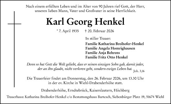 Traueranzeige von Karl Georg Henkel von Hinterländer Anzeiger