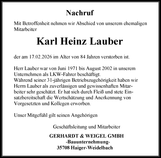 Traueranzeige von Karl Heinz Lauber von Hinterländer Anzeiger