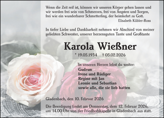 Traueranzeige von Karola Wießner von Hinterländer Anzeiger