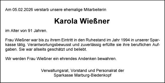 Traueranzeige von Karola Wießner von Hinterländer Anzeiger