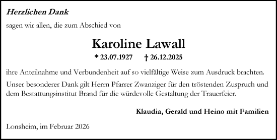 Traueranzeige von Karoline Lawall von Allgemeine Zeitung Alzey