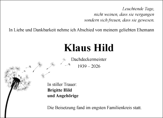 Traueranzeige von Klaus Hild von Allgemeine Zeitung Mainz