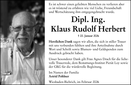 Traueranzeige von Klaus Rudolf Herbert von Wiesbadener Kurier