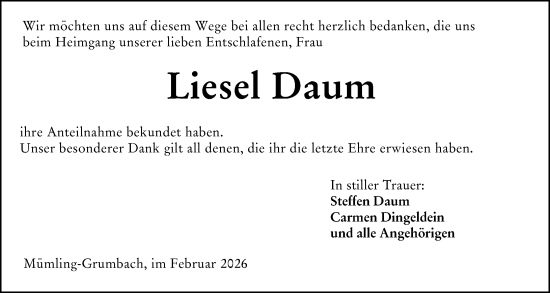 Traueranzeige von Liesel Daum von Odenwälder Echo