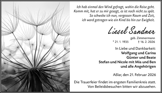 Traueranzeige von Liesel Sandner von Wetzlarer Neue Zeitung