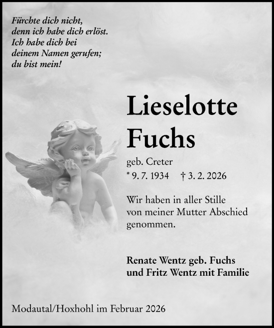 Traueranzeige von Lieselotte Fuchs von Darmstädter Echo