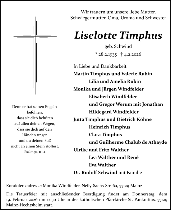 Traueranzeige von Liselotte Timphus von Allgemeine Zeitung Mainz
