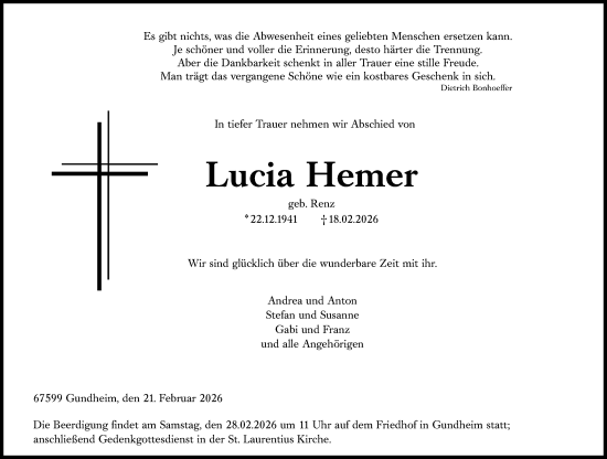 Traueranzeige von Lucia Hemer von Wormser Zeitung