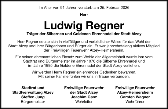 Traueranzeige von Ludwig Regner von Allgemeine Zeitung Alzey