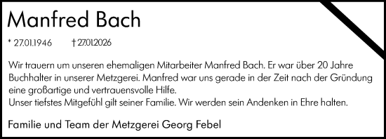 Traueranzeige von Manfred Bach von Hinterländer Anzeiger