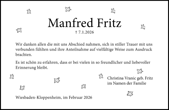 Traueranzeige von Manfred Fritz von Wiesbadener Kurier
