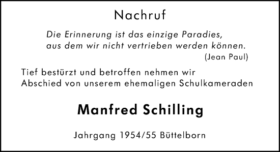 Traueranzeige von Manfred Schilling von Groß-Gerauer Echo
