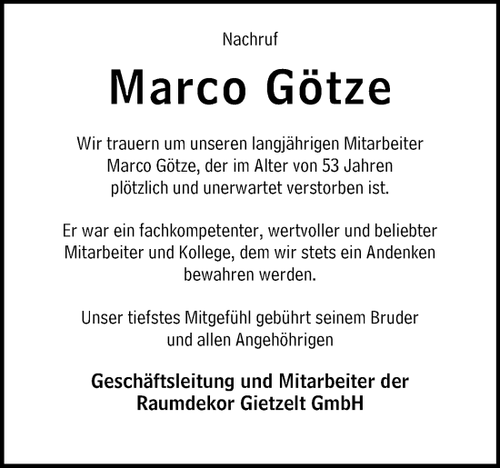 Traueranzeige von Marco Götze von Dill Block