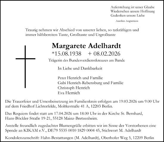 Traueranzeige von Margarete Adelhardt von Allgemeine Zeitung Mainz