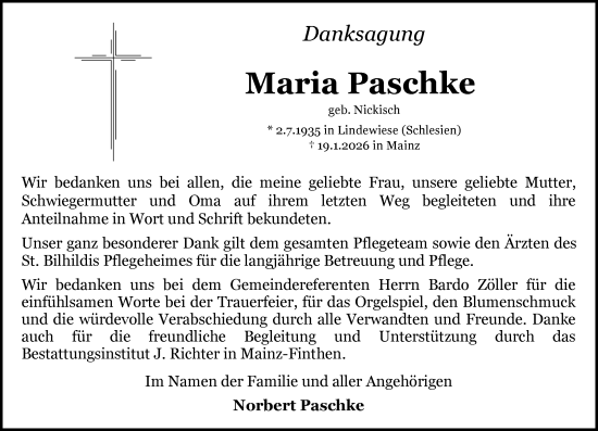 Traueranzeige von Maria Paschke von Allgemeine Zeitung Mainz