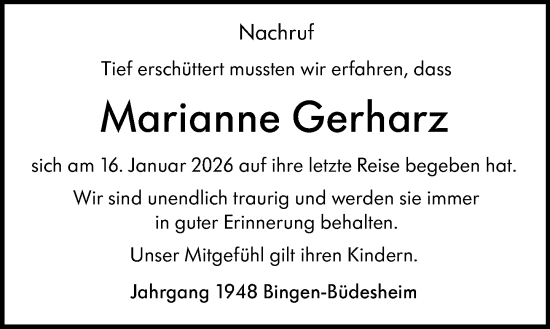 Traueranzeige von Marianne Gerharz von Binger-/Ingelheimer Wochenblatt