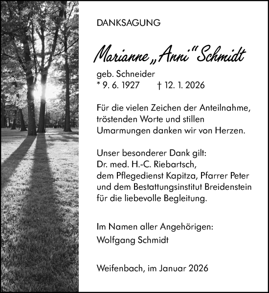 Traueranzeige von Marianne Schmidt von Hinterländer Anzeiger