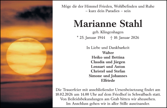 Traueranzeige von Marianne Stahl von Wetzlarer Neue Zeitung