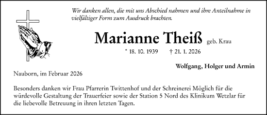 Traueranzeige von Marianne Theiß von Wetzlarer Neue Zeitung