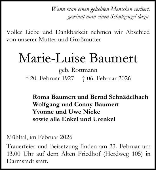Traueranzeige von Marie-Luise Baumert von Darmstädter Echo