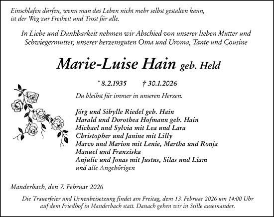 Traueranzeige von Marie-Luise Hain von Dill Block