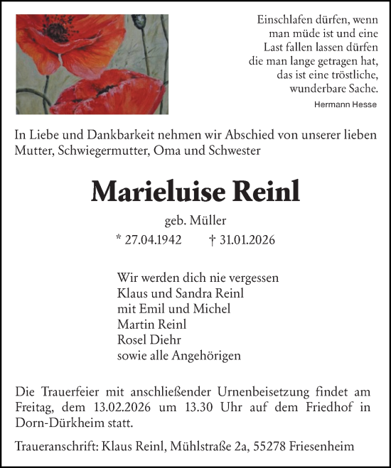 Traueranzeige von Marieluise Reinl von Allgemeine Zeitung Mainz
