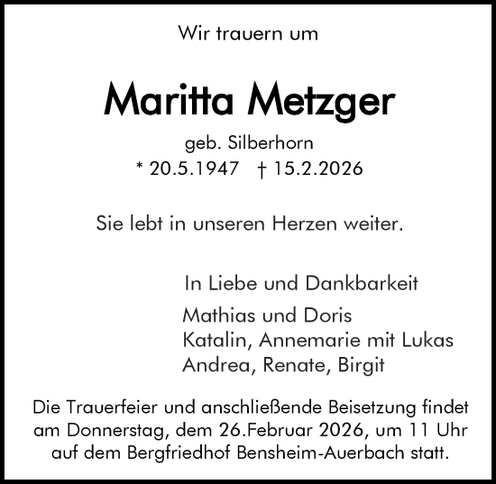 Traueranzeige von Maritta Metzger von Darmstädter Echo