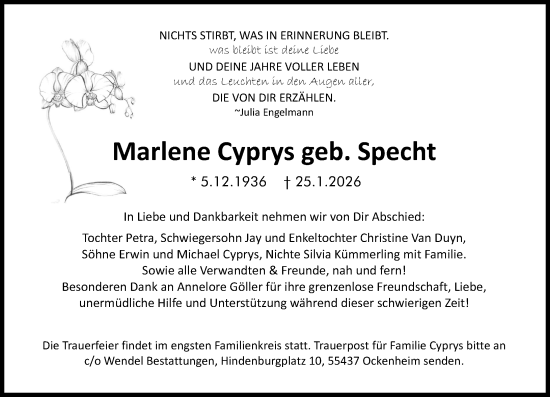 Traueranzeige von Marlene Cyprys von Allgemeine Zeitung Rheinhessen-Nahe