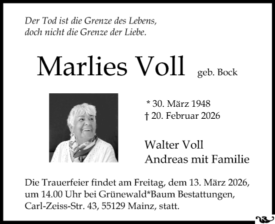 Traueranzeige von Marlies Voll von Allgemeine Zeitung Mainz