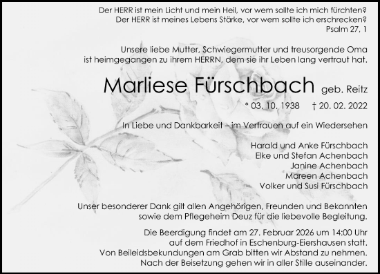 Traueranzeige von Marliese Fürschbach von Dill Block