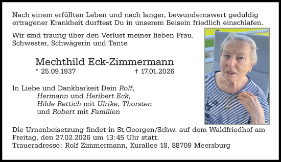 Traueranzeige von Mechthild Eck-Zimmermann von Darmstädter Echo