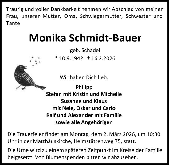 Traueranzeige von Monika Schmidt-Bauer von Darmstädter Echo