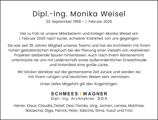 Traueranzeige von Monika Weisel von Wetzlarer Neue Zeitung