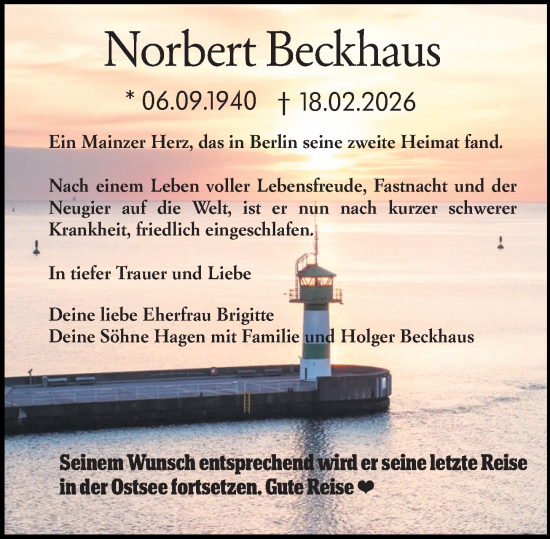 Traueranzeige von Norbert Beckhaus von Allgemeine Zeitung Mainz