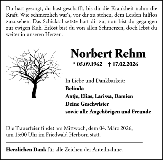 Traueranzeige von Norbert Rehm von Dill Block