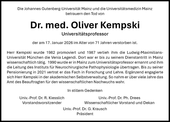 Traueranzeige von Oliver Kempski von Allgemeine Zeitung Mainz