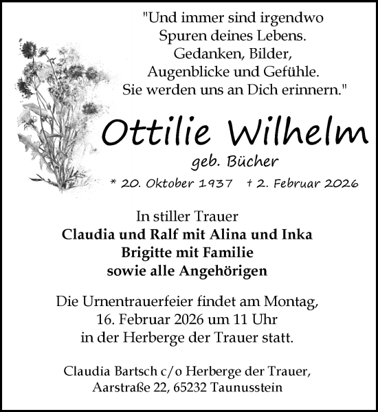 Traueranzeige von Ottilie Wilhelm von Idsteiner Land/Untertaunus