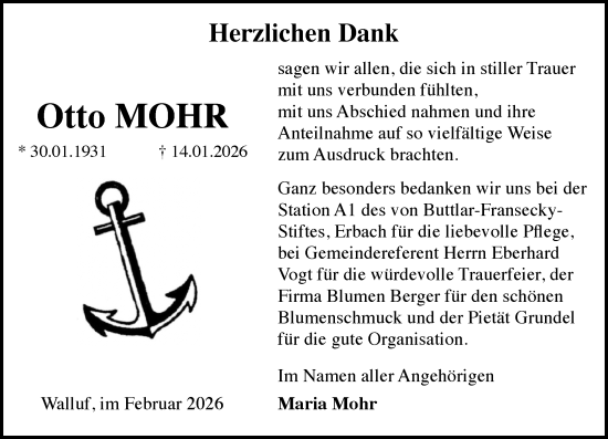 Traueranzeige von Otto Mohr von Wiesbadener Kurier