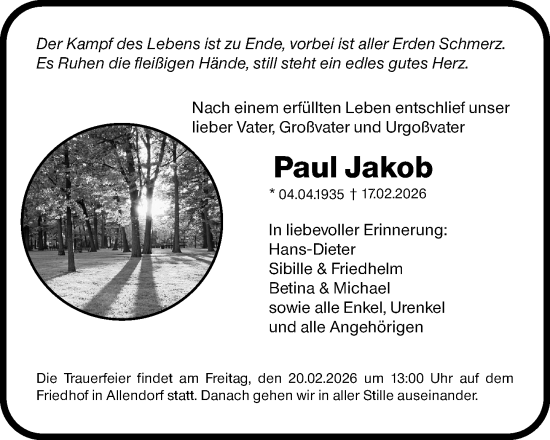Traueranzeige von Paul Jakob von Wetzlarer Neue Zeitung
