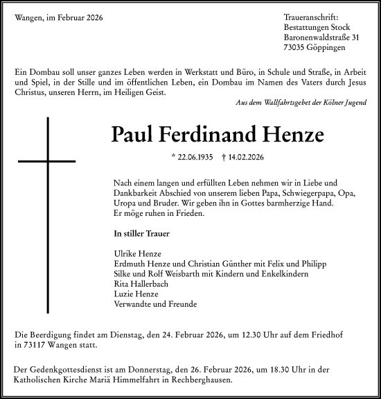 Traueranzeige von Paul Ferdinand Henze von Rüsselsheimer Echo