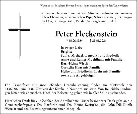 Traueranzeige von Peter Fleckenstein von Wetzlarer Neue Zeitung