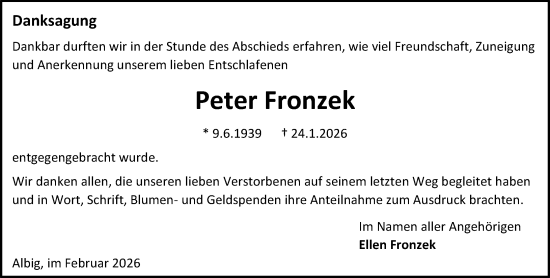 Traueranzeige von Peter Fronzek von Allgemeine Zeitung Alzey